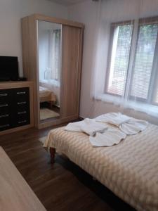 a bedroom with a bed and a large mirror at Guest house Emmy in Trigrad