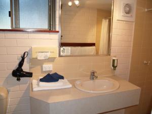 a bathroom with a sink and a mirror at Pigeon House Motor Inn in Ulladulla