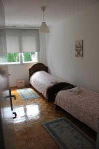 1 dormitorio con 2 camas y ventana en Apartman KEJ en Pirot