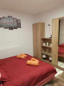 哈卡尼的住宿－Gál Apartmanház，一间卧室配有红色的床和2条毛巾