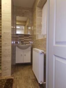 a bathroom with a white sink and a mirror at Gál Apartmanház in Harkány +60 photos