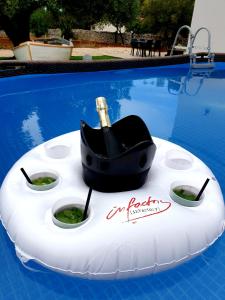 uma garrafa de champanhe num anel insuflável numa piscina em Pandora Luxury Suite em Carovigno