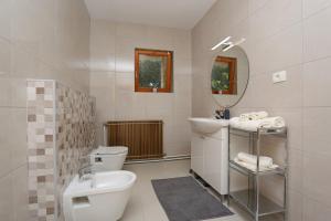 a bathroom with a toilet and a sink and a mirror at House Pauline in Labin