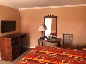 a bedroom with a bed and a dresser and a mirror at Budget Inn - New Albany in New Albany