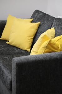 Halifax House, Studio Apartment 209 في هاليفاكس: أريكة رمادية مع وسائد صفراء عليها