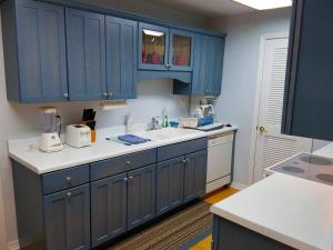 eine Küche mit blauen Schränken und einem weißen Waschbecken in der Unterkunft Large Lush Oasis Paradise by FLL Beach and Galleria - 2bd 2ba in Fort Lauderdale