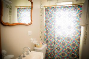 a bathroom with a shower curtain and a toilet at Hotel Boutique Bed and Office in Coronel Suárez