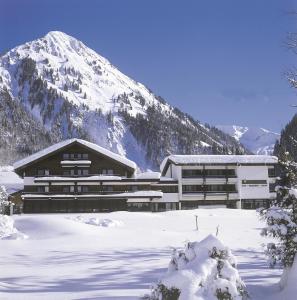 un edificio en la nieve con una montaña en BOUTIQUEHOTEL das edelweiss, en Schoppernau