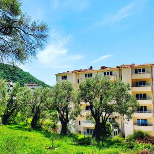 an apartment building with trees in front of it at Panorama Petrovac in Petrovac na Moru