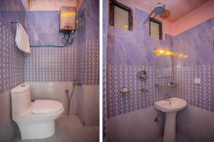 two pictures of a bathroom with a toilet and a sink at Sunrise Moon Beam Hotel in Nagarkot