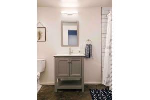 a bathroom with a sink and a mirror and a toilet at Historic Sterchi Loft on Gay St in Knoxville