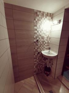 uma casa de banho com um lavatório e um chuveiro em Къща за гости ДаРая em Veliko Tarnovo