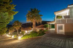 an aerial view of a house with palm trees and lights at Iliovasilema in Platy