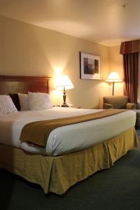 ein Hotelzimmer mit einem großen Bett und einem Stuhl in der Unterkunft Holiday Inn Express Tehachapi, an IHG Hotel in Tehachapi