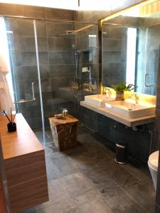 a bathroom with a sink and a shower and a toilet at Laman Villa Port Dickson in Port Dickson