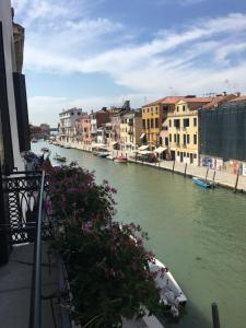 a view of a river with buildings and flowers at Ca' Bonfadini Historic Experience in Venice