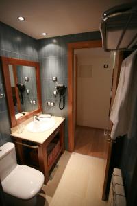 a bathroom with a toilet, sink and mirror at Obaga Blanca & Spa in Canillo