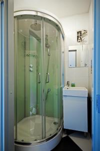 una ducha de cristal en un baño con lavabo en Diva, en San Petersburgo 58 fotos más