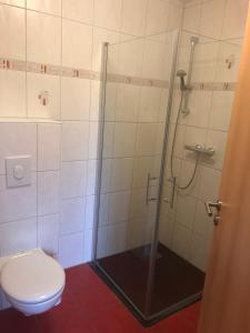 La salle de bains est pourvue d'une douche et de toilettes. dans l'établissement Ferienwohnung 2 - Gourmetzimmer, à Bestensee