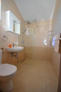 ein Badezimmer mit Dusche, Toilette und Waschbecken in der Unterkunft Apartmani Vitic in Bar