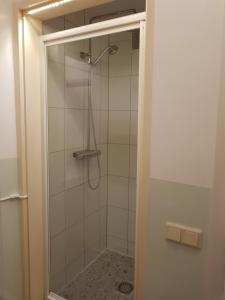 a shower with a glass door in a bathroom at Sweet flat in the center of vienna in Vienna
