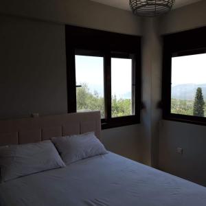 a bedroom with two windows and a bed with white sheets at Dimitris home in Exochori