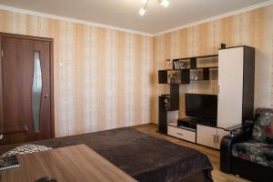 ブリャンスクにあるApartment on Romana Bryanskogoのベッド、テレビ、椅子が備わる客室です。