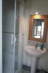 a bathroom with a sink and a shower with a mirror at le Petit Papillon in Eymoutiers
