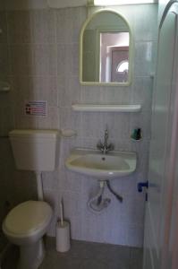 uma casa de banho com um lavatório, um WC e um espelho. em Esperos Hotel em Troulos