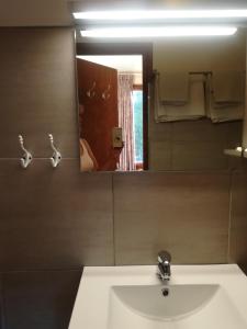 a bathroom mirror with a sink and a person taking a picture at Hotel La Croix des Bois in Lalizolle