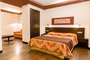 una habitación de hotel con una cama y una silla en Hospedium Hotel Los Periquitos, en Fortuna 20 fotos más