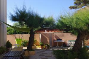 a garden with a tree and a bench and a building at Les Stoechades in Hyères