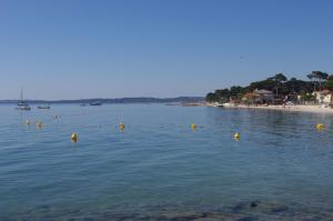a beach with yellow buoys in the water at Les Stoechades in Hyères
