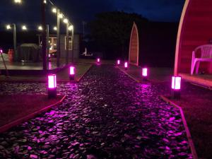a row of candles in a garden at night at North Coast 500 Pods in Achmelvich