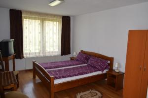 Un dormitorio con una cama con almohadas moradas y una ventana en Pensiune Denisa, en Mediaş