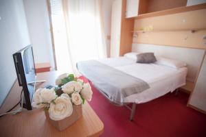 1 dormitorio con 1 cama, TV y flores en Villa Silvie Rose, en Cesenatico