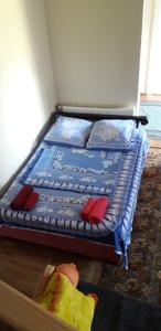 a small bed in a room with red pillows at KAPANA in Mtskheta