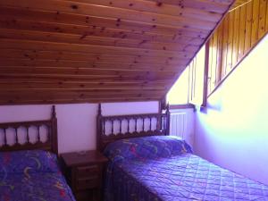 1 dormitorio con 2 camas y techo de madera en Pensión Pallaruelo, en Saravillo