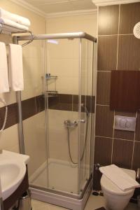 a bathroom with a shower with a toilet and a sink at Kaunos Hotel in Koycegiz