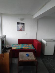 a living room with a red couch and a table at Villa Two Brothers in Ohrid +37 photos