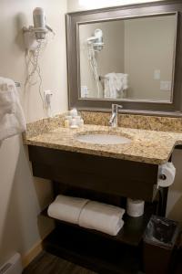 a bathroom with a sink and a mirror at Aspen Village in Waterton Park