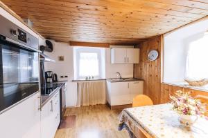 a kitchen and dining room with a table in a tiny house at Untersteinhaus in Aldino