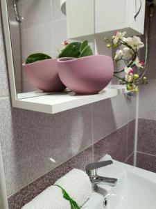 two bowls on a shelf above a sink in a bathroom at Vila Stefanovic in Soko Banja