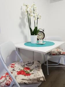 a table with a plant and a clock and a chair at Vila Stefanovic in Soko Banja