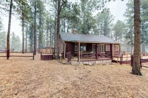 a cabin in the woods with a fence at Big Bear Cabin in Woodland Park