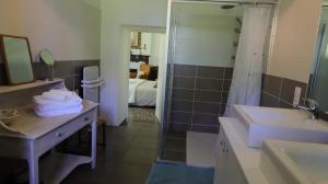 Tillac的住宿－LA SEIGNEURIE DE TILLAC，浴室配有水槽、淋浴和浴缸。