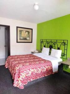 um quarto com uma cama com uma parede verde em Hotel Descanso Inn em Tijuana