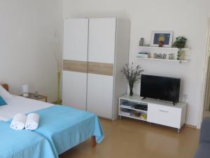 ein Schlafzimmer mit einem TV und einem Bett mit einer blauen Decke in der Unterkunft Gianna Apartment Labin in Labin