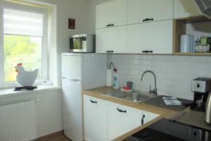 a kitchen with a white refrigerator and a sink at Apartament Malwina in Polanica-Zdrój