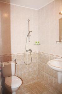 a bathroom with a shower and a toilet and a sink at Family Hotel Emilia in Sozopol